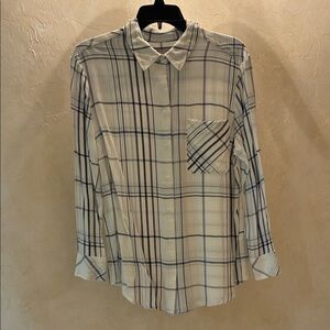 Chico's White Button-Down Shirt with Navy Plaid